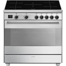 SMEG SZABADONÁLLÓ TŰZHELY, Classic design, 90 cm, 1 sütőtér, indukciós főzőlap, matt fekete gombok, inox
