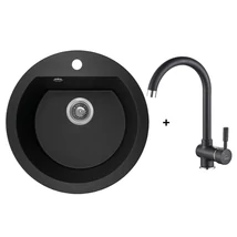 Laveo Dafne szemcsés fekete szett álló csappal, helytakarékos szifonnal