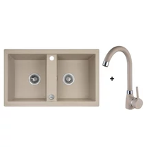 Laveo BARBADOS kétmedencés bézs szett álló csappal dugókiemelős helytakarékos szifonnal