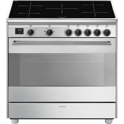 SMEG SZABADONÁLLÓ TŰZHELY, Classic design, 90 cm, 1 sütőtér, indukciós főzőlap, matt fekete gombok, inox