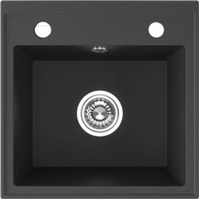 Laveo RINA egymedencés szemcsés fekete mosogató csaplyukkal, automata dugókiemelős, helytakarékos szifonnal